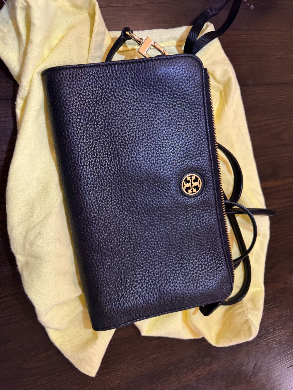 Tory Burch Black Pebbled Leather Crossbody with Gold Logo
